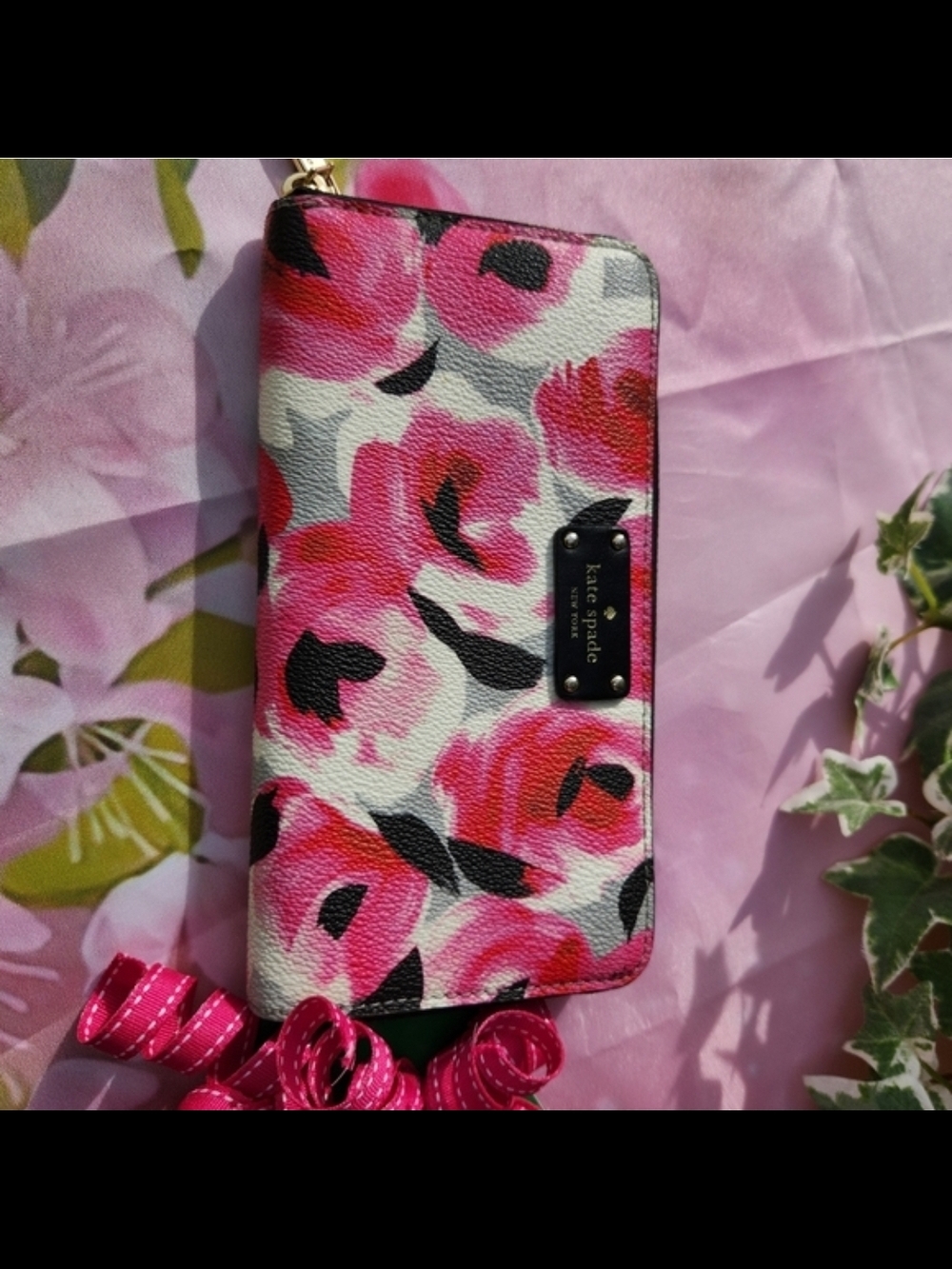 kate spade Pink Leather Floral Zip-Around Wallet with Black Trim